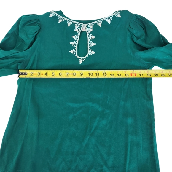 Miss D By Oscar de la Renta Emerald Silk Blouse White Embroidery Vintage 8 - Picture 11 of 12